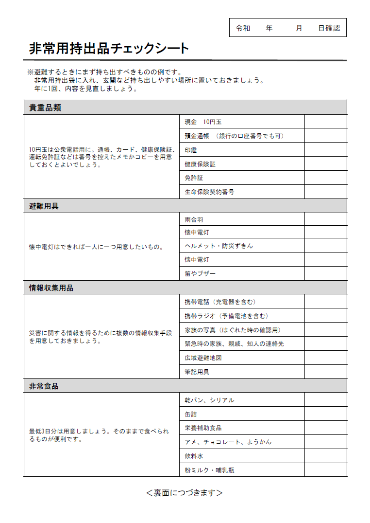 非常用持ち出し品チェックシート