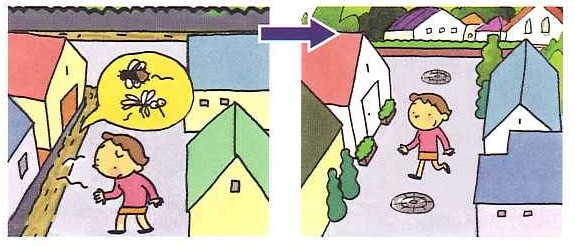 道沿いの下水道が整備されて、道がきれいになる流れのイラスト