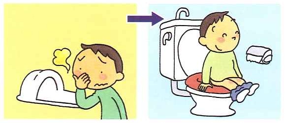 トイレに異臭がある場面から、清潔にトイレを使えるようになる流れのイラスト