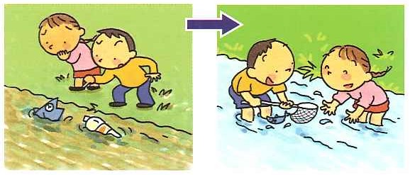 川でゴミを見つけた子供二人が、川のゴミを拾って綺麗にしているイラスト