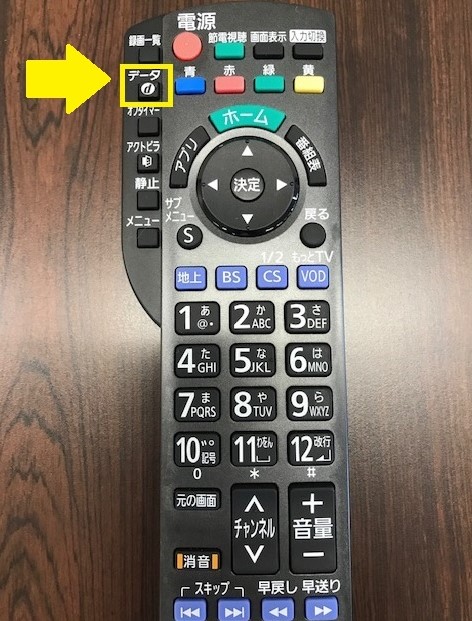 テレビのリモコンの左上の「dボタン」の場所に黄色い矢印がついている写真