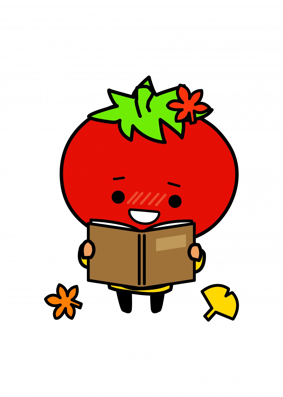 トマトに表情と体がついて笑顔で本を読んでいるイラスト