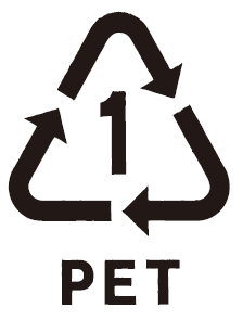 右回りの矢印が三角形に描かれ、その中心に「1」と記載され資源ごみであることを示すPETマーク