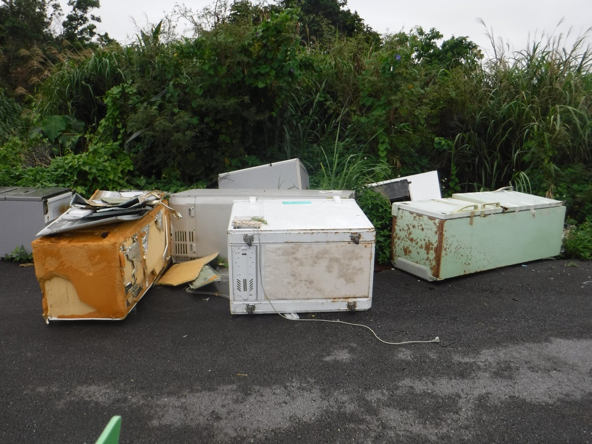 道路脇に不法投棄された複数の大型電化製品や家具の写真