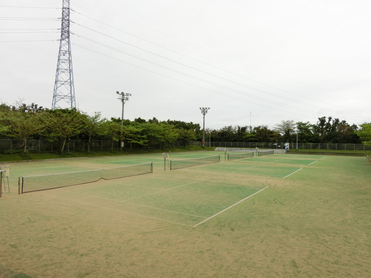 広い敷地に整えられた芝生が生えておりテニス用のネットが4つ張ってある広場の写真