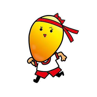赤い鉢巻をつけた黄色の丸い顔をしたキャラクターが走っているイラスト