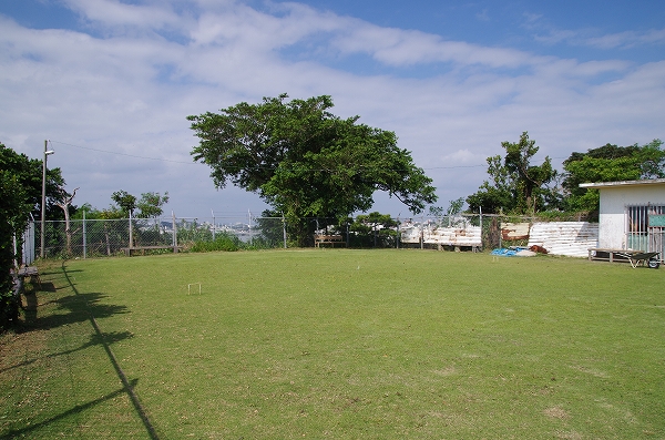 青空の下に、広々とした芝生が広がっているゲートボール場の写真