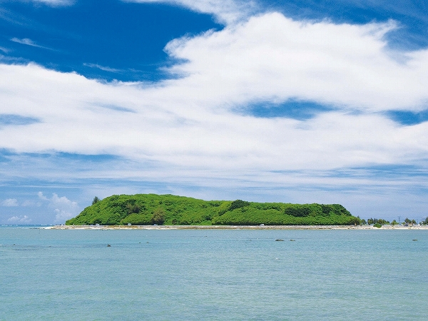 青空の下に、木々に覆われた小さい島が浮かんでいる写真