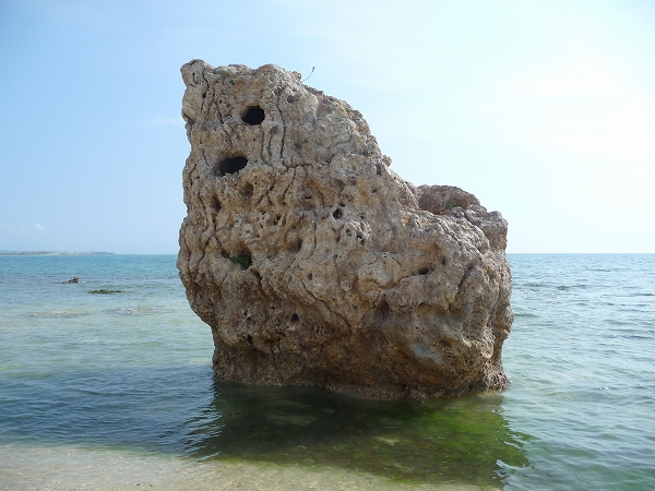 でこぼこした穴が空いた大きな岩が、海の中に立っている写真