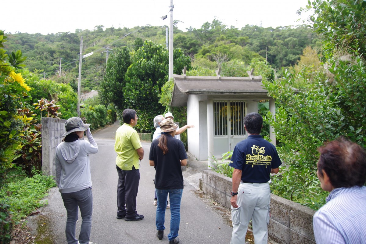 コンクリートで舗装された山道に集まった参加者たちが、一人の人が指さしている右の方を見ている写真