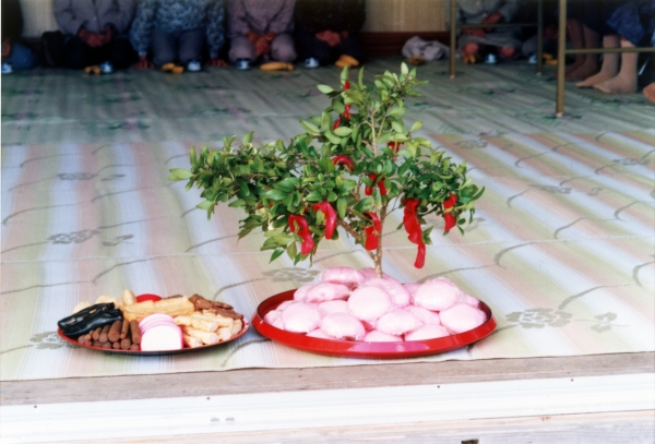 木の枝が立てられているピンク色のお餅がたくさん盛られたお盆と、その横に色々な形をした食品が盛り合わせられている写真