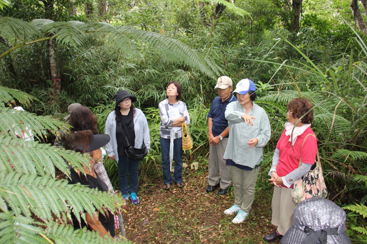 緑の木々の中で、円形に集まって周りを見ている参加者たちと、説明しているスタッフの写真