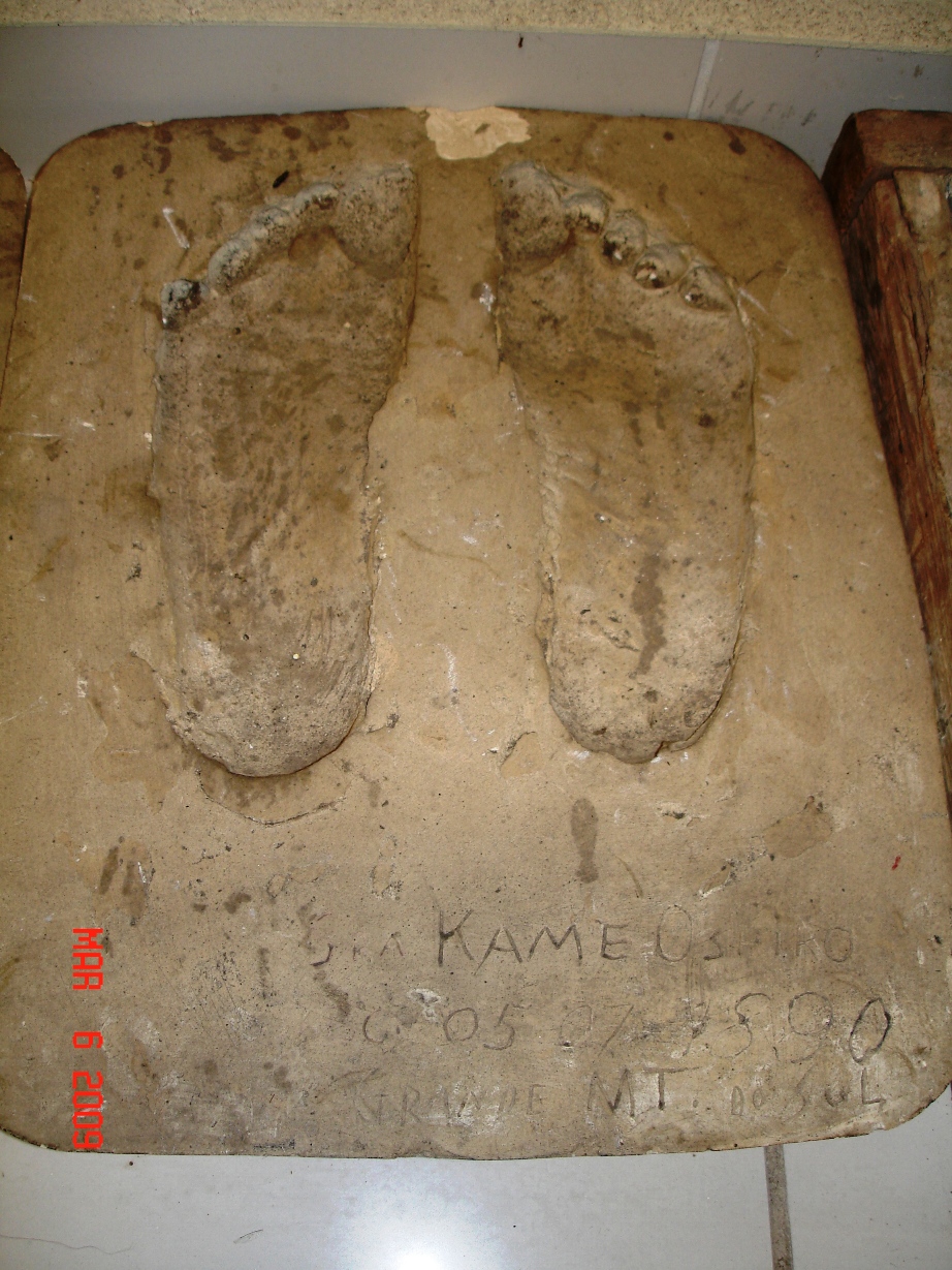 黄土色の粘土で象られた大城カメの足型の写真
