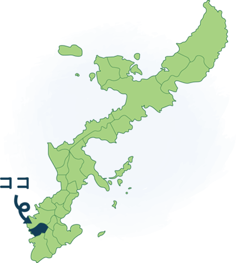 沖縄県豊見城市が青色に塗られている地図。豊見城市は、沖縄本島南部に位置する。
